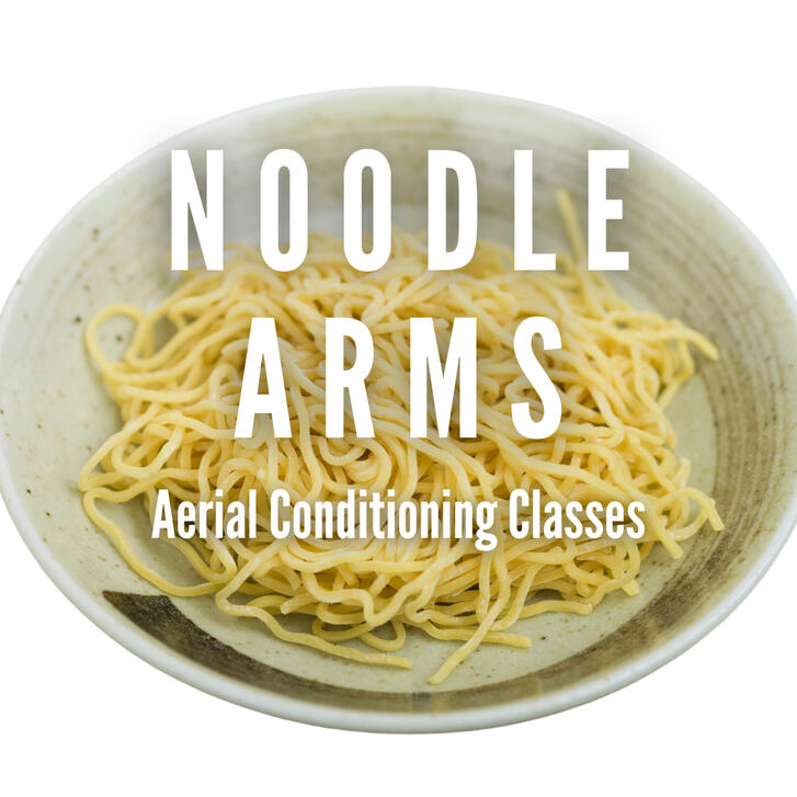 The words "Noodle Arms Aerial Conditioning Classes" in white text over a picture of a bowl of plain cooked noodles